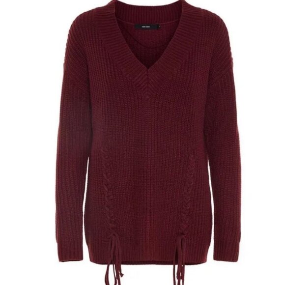 NEW Vero Moda Burgundy Wine Lace‎ Up Chunky Knit Sweater Jumper Glendora Small S - Picture 2 of 12